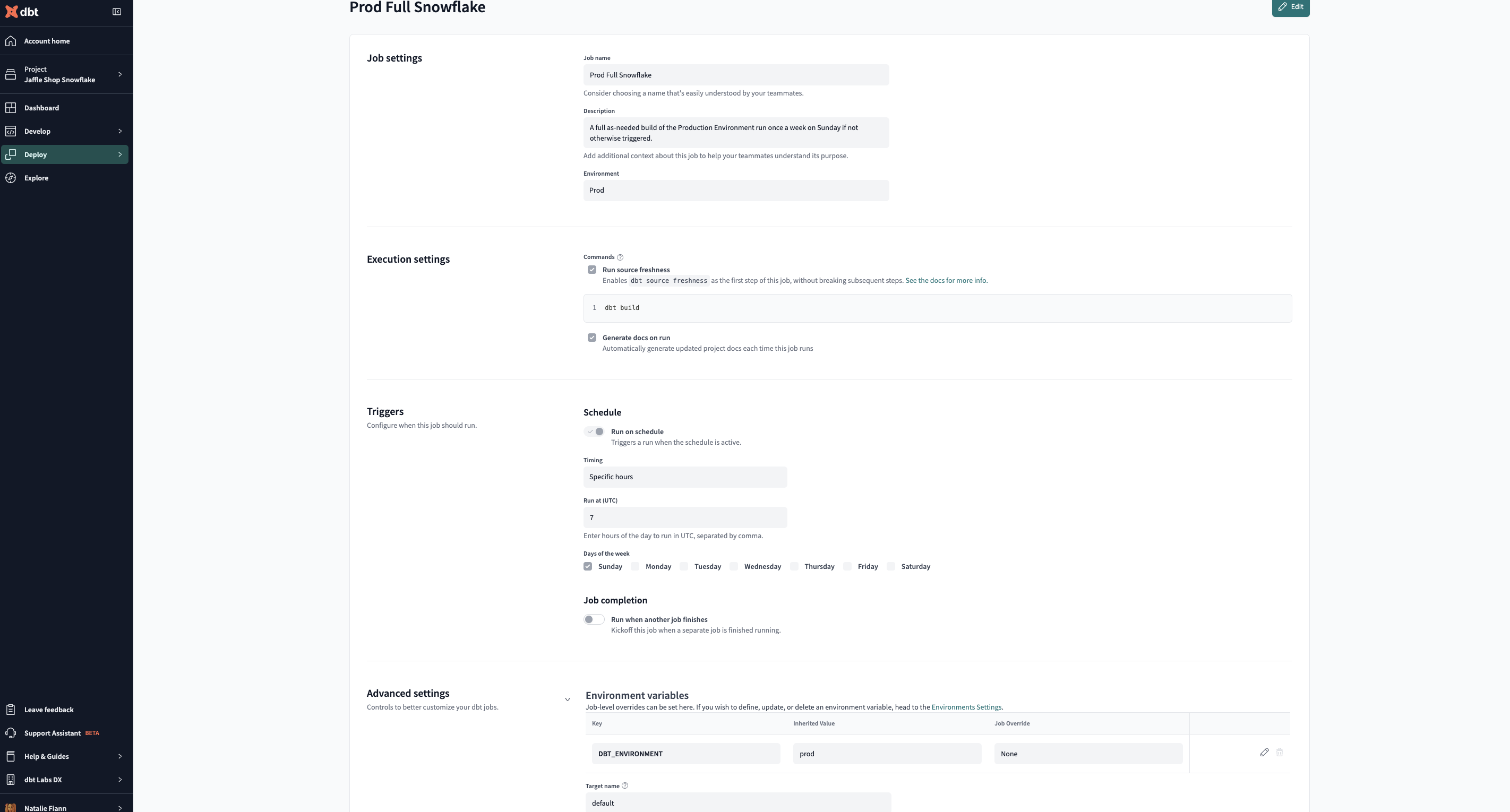 Navigating to environment variables job override settings